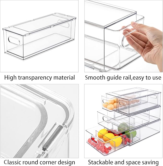 Stackable Fridge Drawer Pull-Out Bins with Handles 3 Pack Large Clear Food Container with Removable Dividers Refrigerator Storage box Divided Produce Saver for Pantry Kitchen