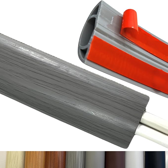 BEIEBIJOB 10ft Floor Cord Cover Self Adhesive Cord Hider Floor, Cable Cavity:0.61"(W) x 0.32"(H),Heavy Duty Cable Protector, Hide Extension Cords, Cable Management Hide Cords on Floor, Gray Wood