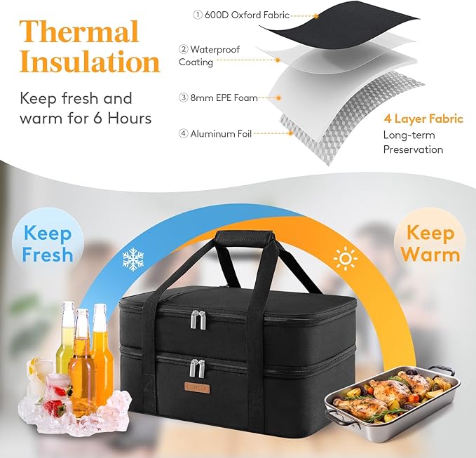 LUNCIA Double Decker Insulated Casserole Carrier for Hot or Cold Food, Lasagna Holder Tote for Potluck Parties/Picnic/Cookouts