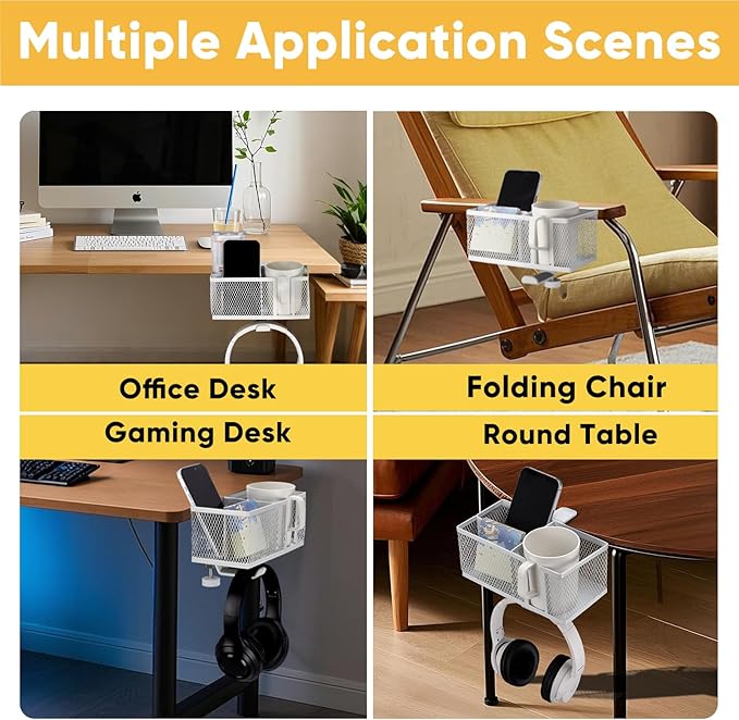 4 in 1 Metal Clip On Cup Holder Attachment for Gaming Desk or Table, Sturdy and Easy to Clamp, Attachable Anti-Spill Cup Holder for Salon Chair, Bedside, Water Bottles, Drinks, Headphones - White