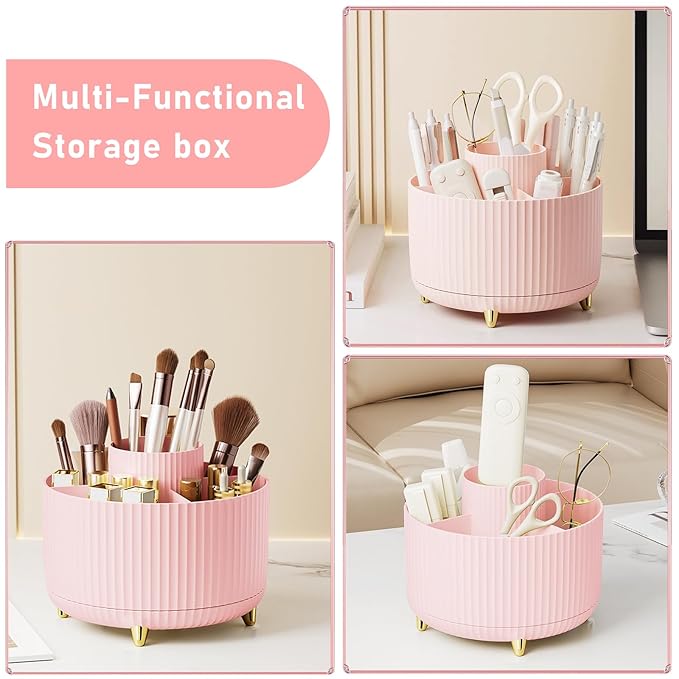 Diesisa Makeup Brush Holder Organizer, 360° Rotating Makeup Brush Organizer, 5 Slot Makeup Brushes Cup for Cosmetics, Nail Polish, Art Supply, Bathroom Vanity Desktop Organizer - Pink