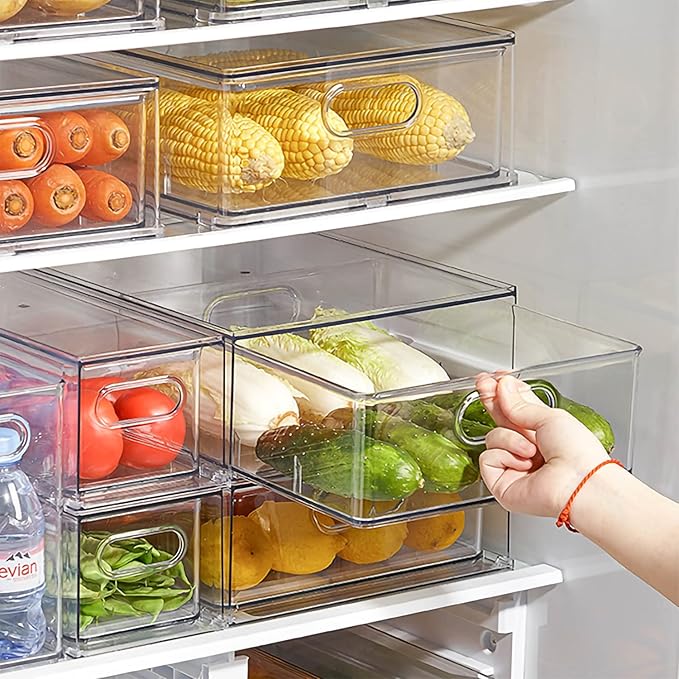 4Pack Stackable Fridge Drawers Pull-out Storage Bins with Handle Clear Food Container for Refrigerator Plastic Dresser Organizer Fruit&Veggie Keeper for Freezer Cabinet Kitchen Organization