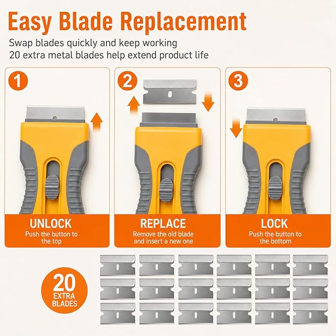 Razor Blade Scraper Tool, 2 Pack Scraper with 20 Replacement Blades, Retractable Scraper with Safety Lock and Non-Slip Grip for Removing Stickers, Labels, Paint, Caulk from Windows, Cooktop and Glass