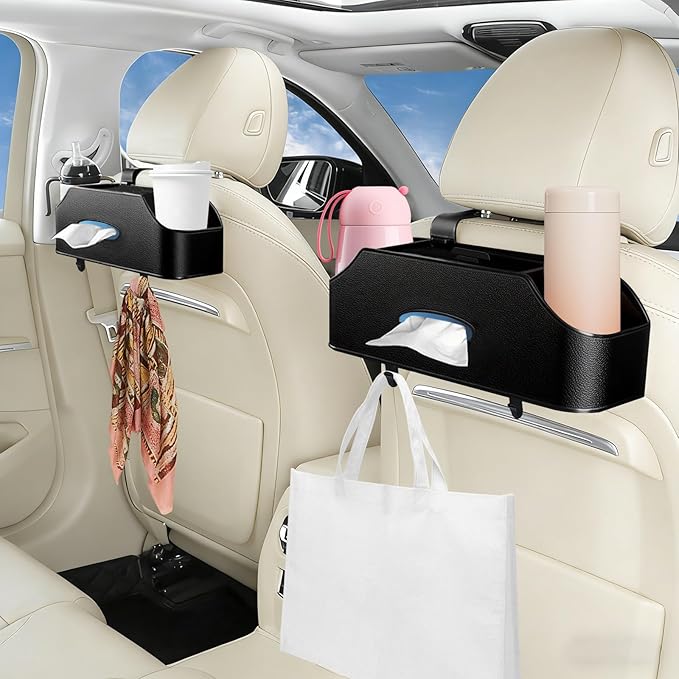 Back Seat Car Organizer, Upgraded Multifunctional Car Storage Box, Hanging Back Seat Storage Organizer, with Phone Holder, Tissue Box, Cup Holders, Hooks (Type B - Black)