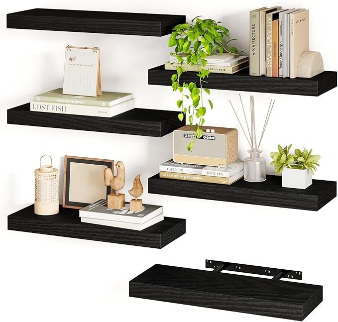 Fixwal Black Shelves, 15.8in Floating Shelves, Farmhouse Shelf Wall Decor for Bathroom, Bedroom, Living and Kitchen Set of 6