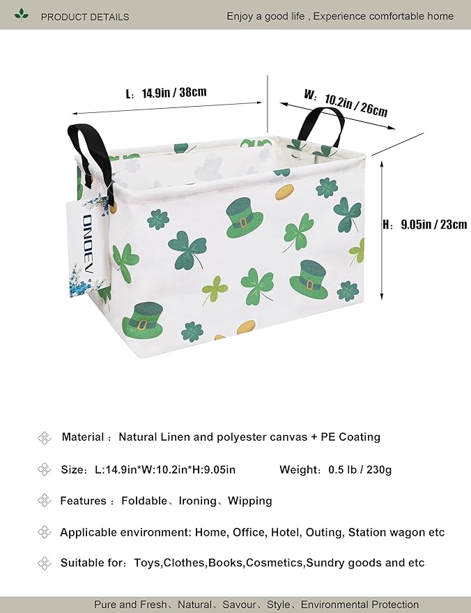 Rectangular Folding Laundry Basket,waterproof Canvas Basket,gift basket,Suitable for children's room,Office,Clothes,Toys Storage(Lucky Clover)