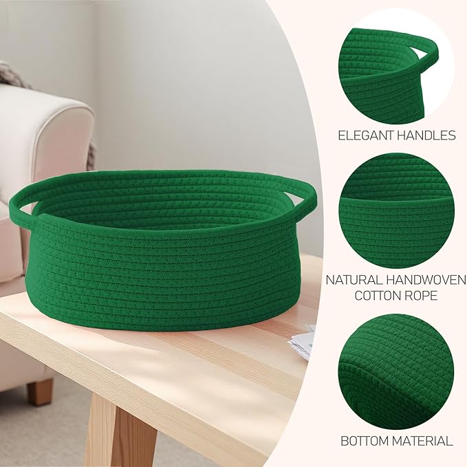 Woven Basket,Small Rope Storage Bin with Handles & Ribbon Bag, Organizer for Shelves Closets,Gift Basket Empty for Birthday,Books,Dog Toys, Green/2 Pack
