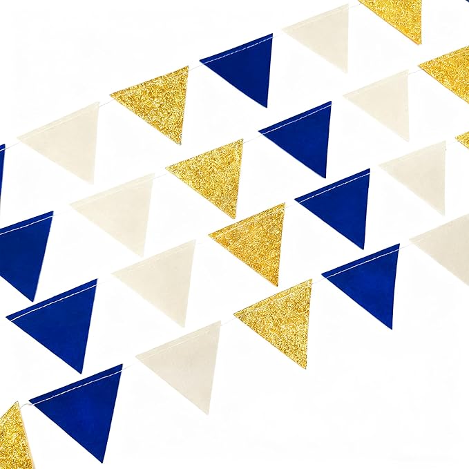 Blue Gold Beige Party Decoration Royal Gold Glitter Felt Hanging Triangle Mini Bunting Pennant Banner Flag for Birthday Wedding Graduation Baby Shower Nautical Ahoy Anchor Party Nursery Classroom Decor