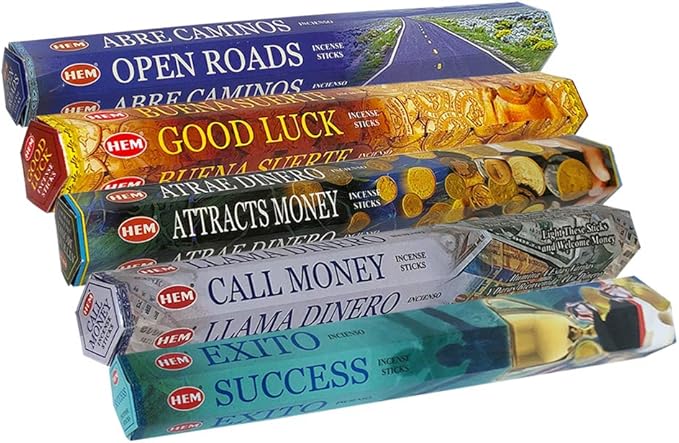 Hem Incense Sticks Variety Pack #5 and Incense Stick Holder Bundle with 5 Money and Success Themed Fragrances