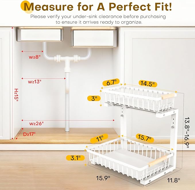 ZELOREA Under Sink Organizer, 2-Tier Pull-Out Under-Sink Shelves, Adjustable Height (13.8" -16.9"), Sturdy Metal Storage Organizer for Bathroom Kitchen Pantry Cabinet (2 Packs, White)