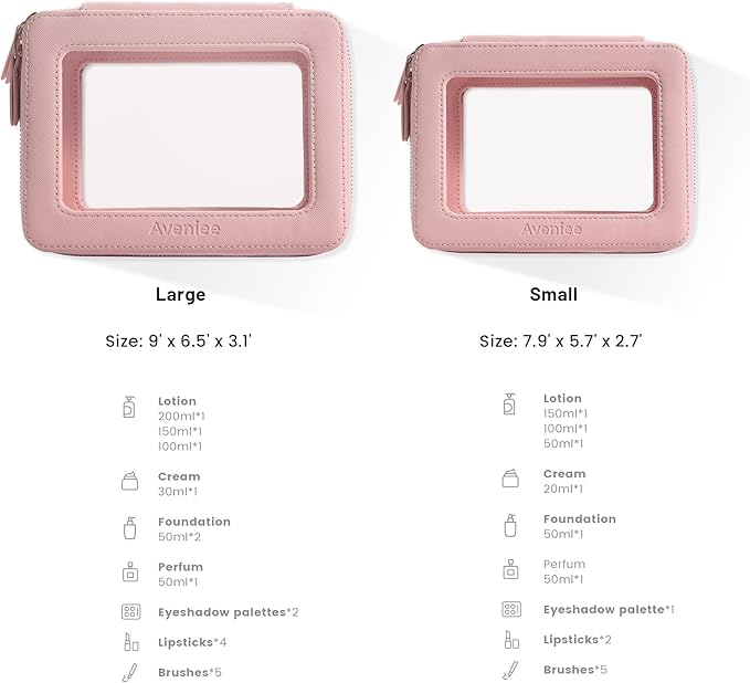 Aveniee Clear Makeup Bag Organizer Set, Portable Travel Toiletry Case for Women, Vegan Leather Cosmetic Pouch Car Bag for Essentials 2pcs, Middle & Large, Pink