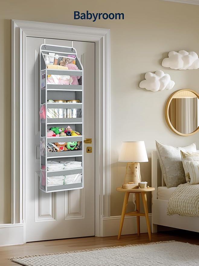 Yecaye 5 Tier 1Pc Over the Door Organizer, Stuffed Animal Storage with Clear PVC Windows, Door Organizer Hanging for Bedroom Nursery Closet Dorm Room Laundry Pantry Bathroom, Gray