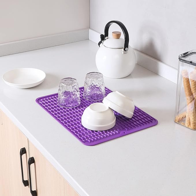 MicoYang Silicone Dish Drying Mat for Multiple Usage,Easy clean,Eco-friendly,Heat-resistant Silicone Mat for Kitchen Counter or Sink,Refrigerator or drawer liner Purple L 16 inches x 12 inches
