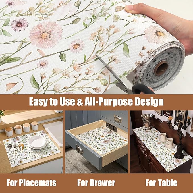 Tatyanna Drawer and Shelf Liner for Kitchen Cabinets Non Adhesive Drawer Liners Floral Cabinet Liner Strong Grip Non Slip Shelf Liners Waterproof Kitchen Cupboard Liner Easy to Clean 12IN x 16.4FT