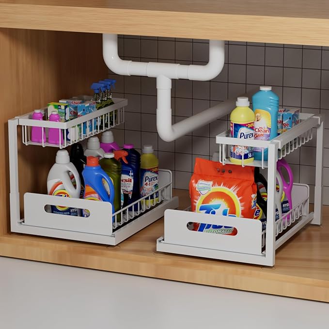 Lxmons 2-Tier Under Sink Slide Out Organizer, 2 Pack Pull Out Cabinet Storage Shelf with Sliding Wire Basket Drawer for Bathroom Kitchen, Countertop or Pantry Shelf, White