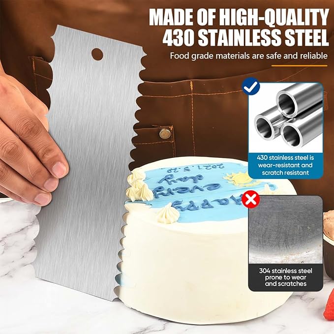 SenseYo 3 Pcs 9 Inch Stainless Steel Cream Cake Scraper Smoother Comb with Double Sides for Decorating Icing Mousse Butter