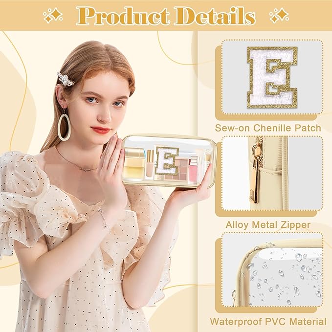 Personalized Initial Letter Clear Makeup Bag,Small Nylon&PVC Cosmetic Zipper Bag with Chenille Letter,Portable Beach Travel Skincare Toiletry Bag,Trendy Monogram Gift for Teen Girls Women,E