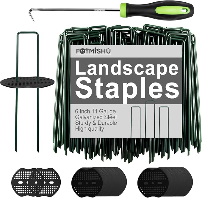 FOTMISHU Landscape Staples 6Inch 100pcs Garden Stakes + 100pcs Gasket, Lawn Pins with Spray Coating Craft,11Gauge Anti-Rust Ground Yard Spikes Anchoring for Outdoor Tents Irrigation Hoses (Green)
