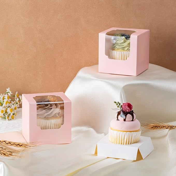 Hoewina 28PCS Cupcake Boxes, Individual Cupcake Containers with Window, Food Grade Cupcake Holders Carrier with Inserts, Stackable Deep Cake Box for Birthday Holiday Party Bakery Supplies (Pink)