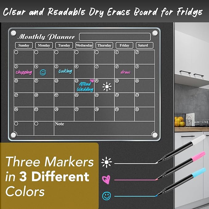 DIYMAG Magnetic Calendar for Refrigerator 4 PCS Dry Erase Whiteboard 15.2"x11.2" Magnet Fridge White Board Planning Acrylic Clear Chalkboard Apartment Decor Meal Planner with 6 Colors Markers