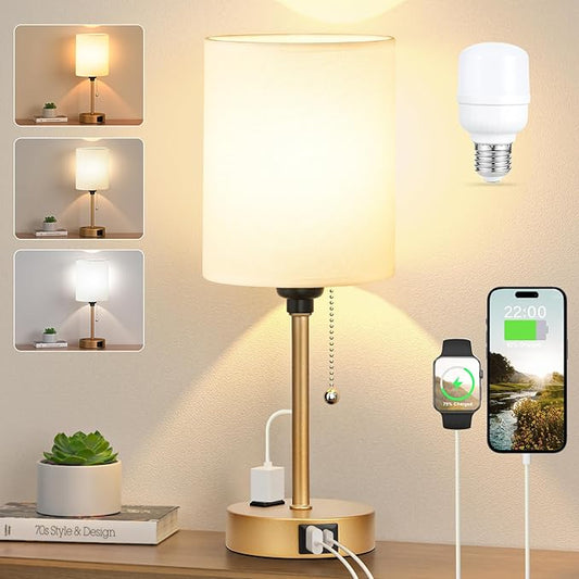 Dicoool Small Bedside Lamps 3 Color Modes - 3000K 4000K 5000K Bedroom Lamps with USB C and A Ports, Pull Chain Gold Table Lamps with AC Outlet, Nightstand Lamps with Gold Metal Base for Kids Reading