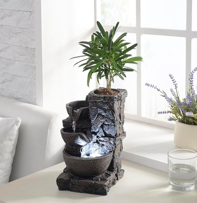 Indoor Tabletop Fountain Waterfall Meditation Exquisite Meditation Desk Water Decorative Zen Fountain Office and Home Decoration Grow Plant/Herbs by Yourself
