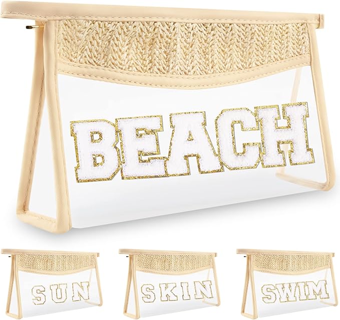Clear Makeup Letter Patch Makeup Bag BEACH Pouch, Boho Clear Toiletry Bags Travel Small Cute Stadium Chenille Letter Cosmetic Zipper Pouch Purse, Transparent Waterproof Makeup Storage for Women(BEACH)