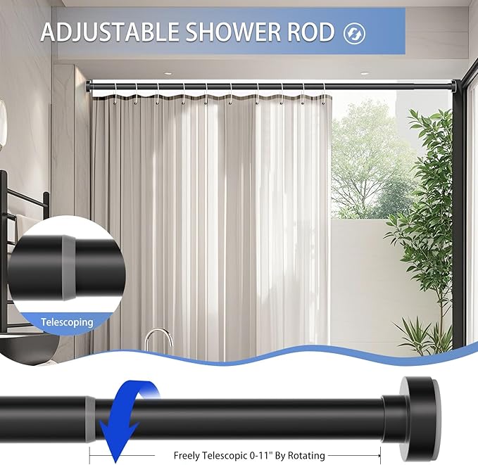 Black Shower Curtain Rod 34-66 Inches (2.8-5.5ft) Never Rust Adjustable Shower Rod Spring Tension Non-Slip No Drilling Shower Rods for Bathroom Garland Window