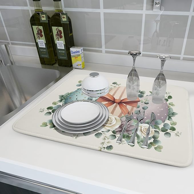 Happy Easter Eggs Dish Drying Mat 18x24 Inch Easter Day Floral Dishes Pad Dish Drainer Rack Mats Spring Easter Drying Mat Absorbent Fast Dry Kitchen Accessories for Countertop Tableware Protector