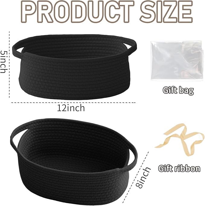Woven Basket,Small Rope Storage Bin with Handles & Ribbon Bag, Organizer for Shelves Closets,Gift Basket Empty for Birthday,Books,Dog Toys, Black/2 Pack