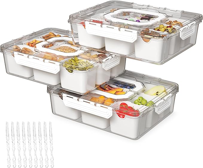 REBECAT Divided Serving Tray with Lid and Handles 9 Compartments Snack Box Container Charcuterie Organizer Snackle Box Container for Candy,Nuts,Fruits,Snacks,3 Pack,White
