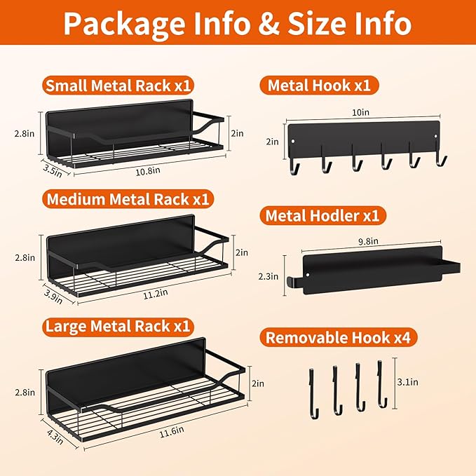 Magnetic Spice Rack, Multifunctional Magnetic Shelf for Washing Machine, Refrigerator, Microwave, and Any Metal Surface, Powerful Magnetic Shelves Include Magnetic Paper Towel Holder (5 pcs - Black)