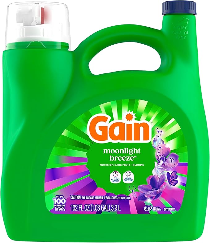 Gain Liquid Laundry Detergent with Odor Defense, Moonlight Breeze Scent, Laundry Soap For HE Washing Machines, 132 fl oz, 100 Loads (Packaging May Vary)