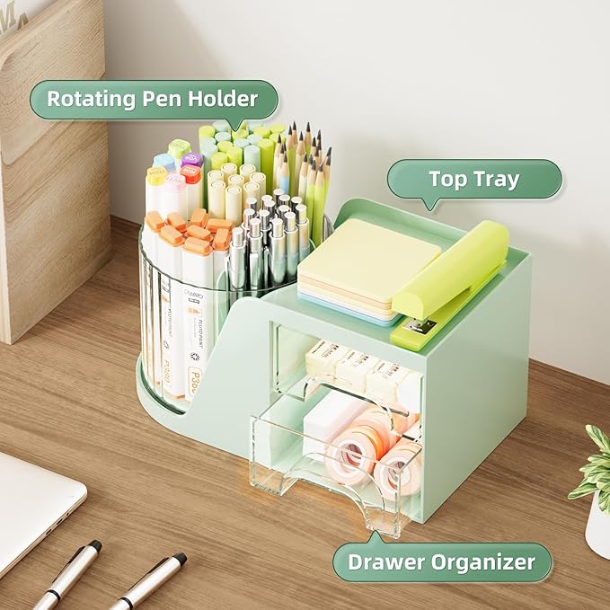 Marbrasse Desk Organizer with 2 Drawers, 360° Rotating Pen Holder, Desk Organizers and Accessories with 6 Slot Pencil Holder + 2 Drawers, Art Supply Storage Box Caddy for Office (Green)