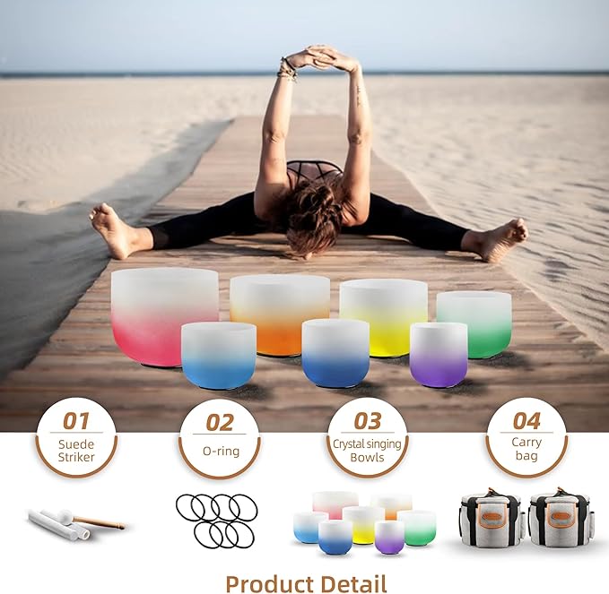 Ryan Dvan 432Hz 7"-12" Set of 7 Crystal Singing Bowl Set – Gradient Color Quartz Bowls for Chakra Healing, Meditation, Sound Bath & Yoga.Sound Therapy Tools with Suede Mallets & O-Rings.