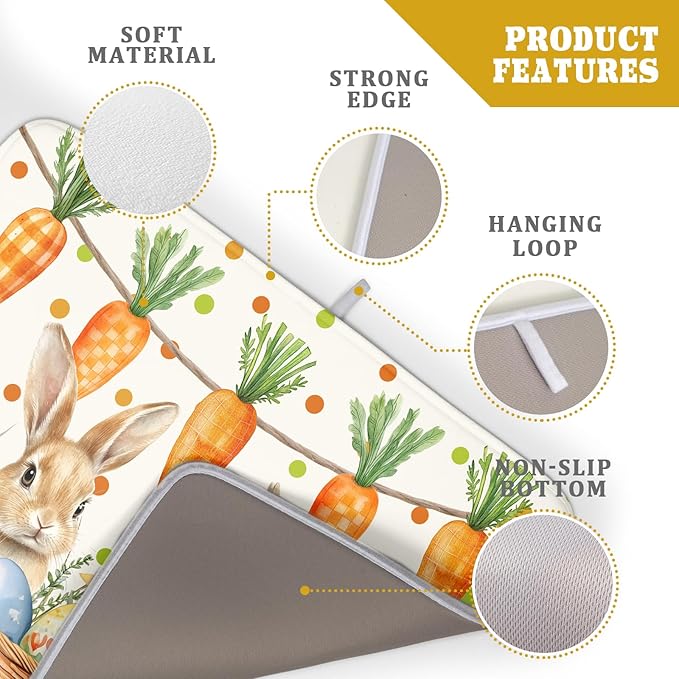 Giwawa Easter Bunny Dish Drying Mat Eggs Carrot Dishes Drainer Pad Absorbent Reversible Dish Rack Mat Protector for Kitchen Countertop 18x24 Inch
