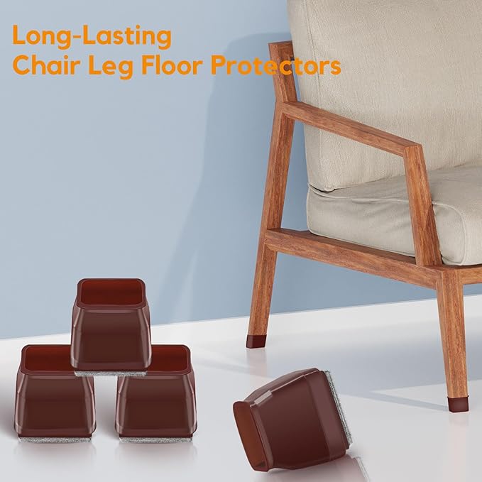 36Pcs Brown Square Chair Leg Floor Protectors, High Elastic Felt Furniture Pads for Hardwood Floors, Silicone Floor Protectors for Chairs, Chair Leg Caps Covers Socks (Small)
