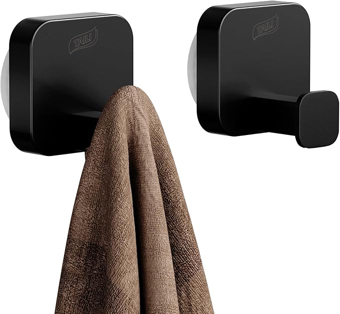 TAILI 304 Stainless Steel Bathroom Suction Hook for Towel, Loofah, Bathrobe, Patented Strong Suction Cup, Damage-Free Hanging Glass Shower Wall Hook, Hold Up to 11 Lbs, 2 Pack, Modern Square, Black