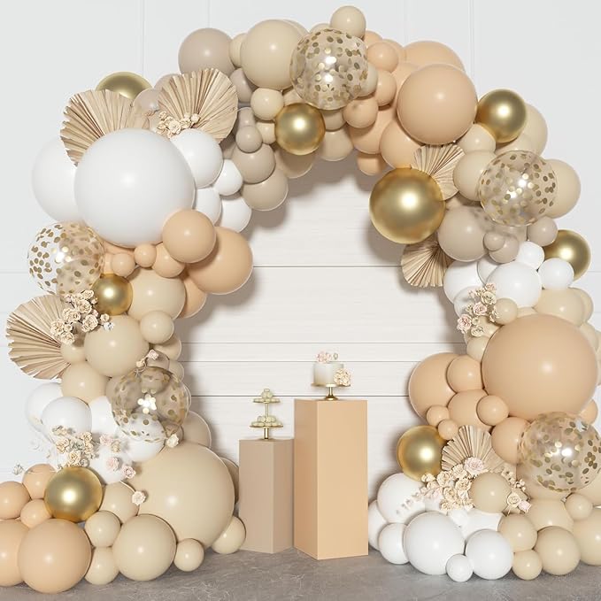 Ouddy Party White Sand Gold Balloon Arch Garland Kit, Different Sizes 18 12 10 5 Inch Beige Nude Cream Neutral Latex Metallic Confetti Balloon for Baby Shower Wedding Birthday Party Decorations