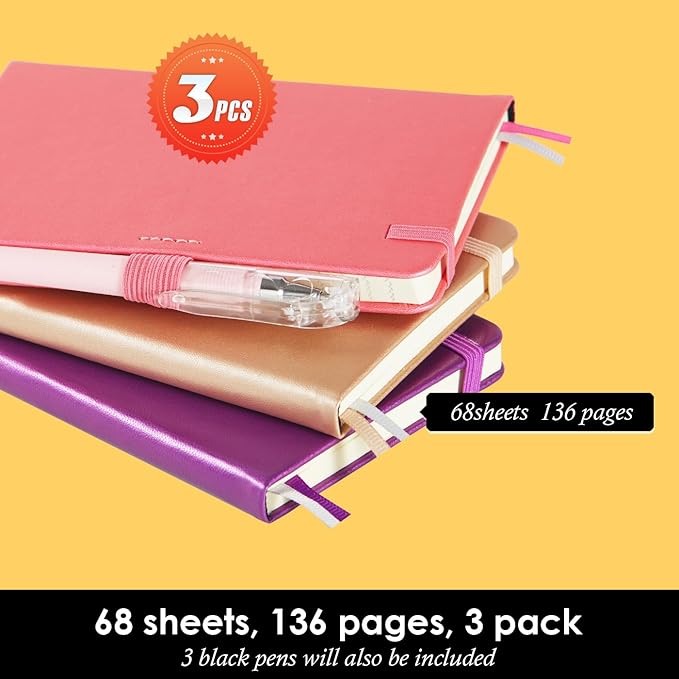 3 Pack Pocket Notebook Journal with Pen, Mini Small Notepad Notebook 3.7" x 5.7" for Women Writing, 408 Pages, Pearlescent Pink Purple Gold