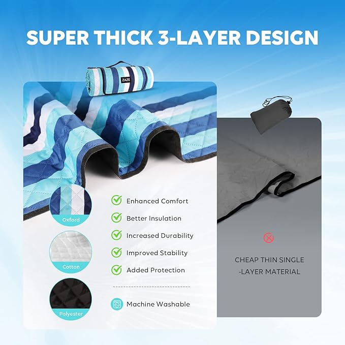 ZAZE Picnic Blankets Beach Blanket, 80''x80'' Extra Large Thick 3-Layers, Sandproof Machine Washable Waterproof Foldable Oversized XL Outdoor Mat, for Camping, Park, Travel, Grass(Blue White Stripe)
