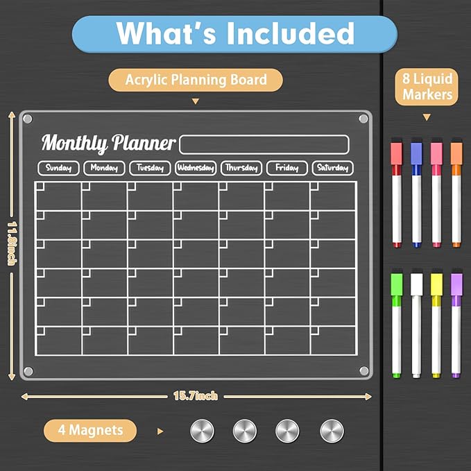 Grtard Acrylic Fridge Calendar Dry Erase Board for Fridge, Acrylic Calendar for Fridge Calendar Magnet, 16''x12'' Monthly Calendar for Fridge, Magnetic Whiteboard for Refrigerator with 8 Markers