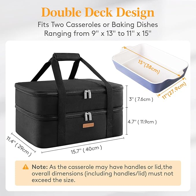 LUNCIA Double Decker Insulated Casserole Carrier for Hot or Cold Food, Lasagna Holder Tote for Potluck Parties/Picnic/Cookouts