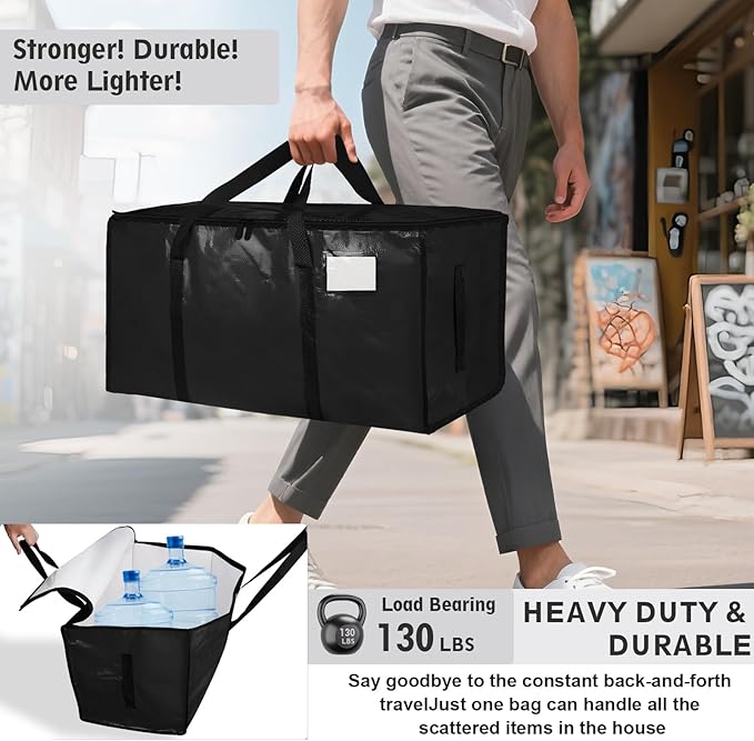8 Pack-Extra Large Heavy Duty Moving Bags - Waterproof Storage Totes with Handles & Zippers, Foldable for College Dorm, Storage (Black)