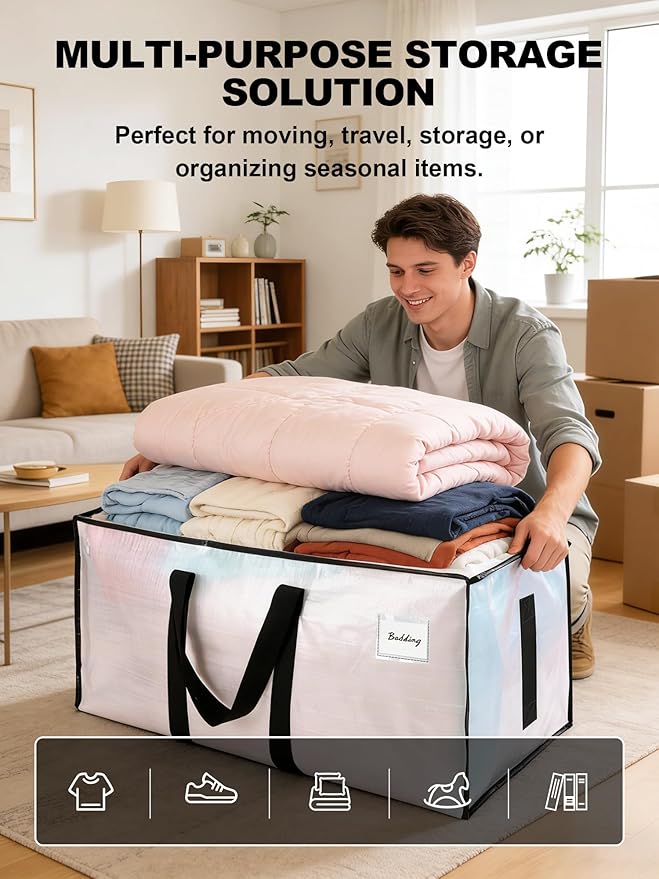HOMESURE Supports 200lbs Heavy Duty Moving Bags - Strong Zipper & Wrap-Around Handles - Water-Resistant Storage Totes, Durable Alternative to Moving Boxes - 12 Pack - Semi-Transparent