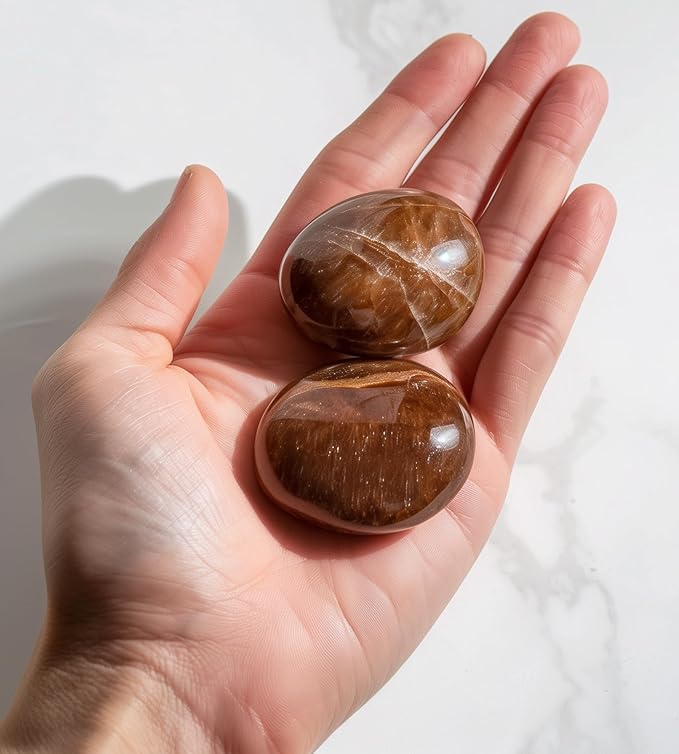 Polished Petrified Wood Crystal Stones - 2 Pcs of 1.2" Worry Stone for Anxiety, Pocket Palm Stone Super Large Handpicked Natural Tumbled Gemstones for Meditation, Reiki, Chakra Healing, Home Decor