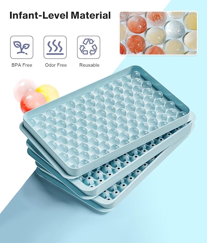 Ice Cube Trays for Freezer - Mini Round Ice Trays for Freezer with Lid and Bin, Small Tiny Crushed Nugget Freezer Trays for Chilling Drinks and Food Fresh