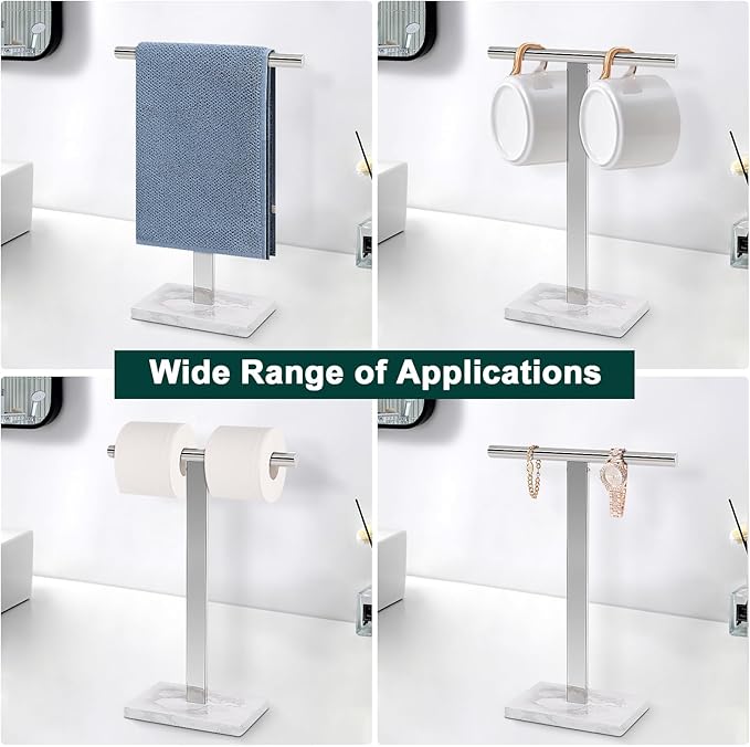 BathAce Hand Towel Holder, T-Shape Hand Towel Stand for Bathroom, Hand Towel Rack Bar Standing for Vanity Kitchen Countertop, 304 Stainless Steel (Marble Base, Chrome)