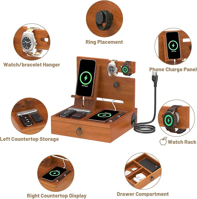 Wood Phone Docking Station with USB Ports and Outlets, Nightstand Organizer with Charging Station, Bedside Organizer with Drawer for Watch & Accessories, Christmas Anniversary Birthday Gifts for Men