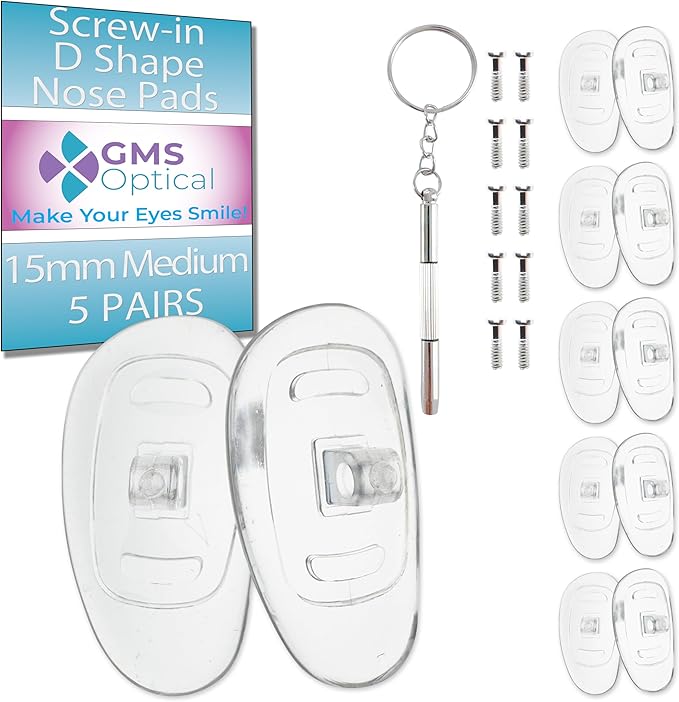 GMS Optical Medium Screw-in D-Shaped Nose Pads for Glasses - Non Slip Silicone Nose Grips for Glasses, Sunglasses and Eyewear Eyeglass Accessories w/Screws & Screw Driver - 5 Pairs, Clear